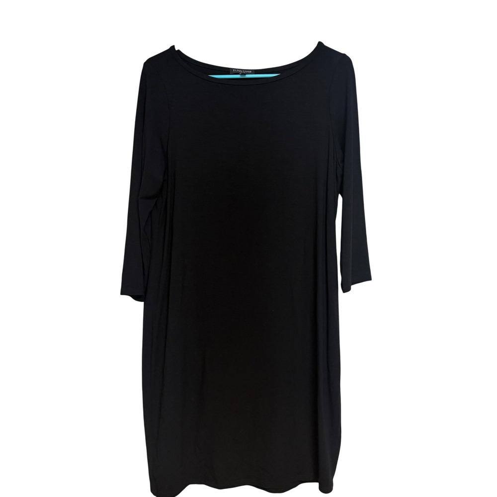 Eileen Fisher‎ Black Dress Petite Black Jersey Boat Neck 3/4 Sleeve Shift  PL